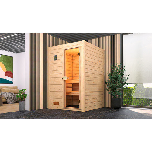 WEKA Massivholzsauna Valida 1 für 4 Personen in Braun inklusive 3,6 kW Ofen mit externer Steuerung und BioS Glastür - Bild 2