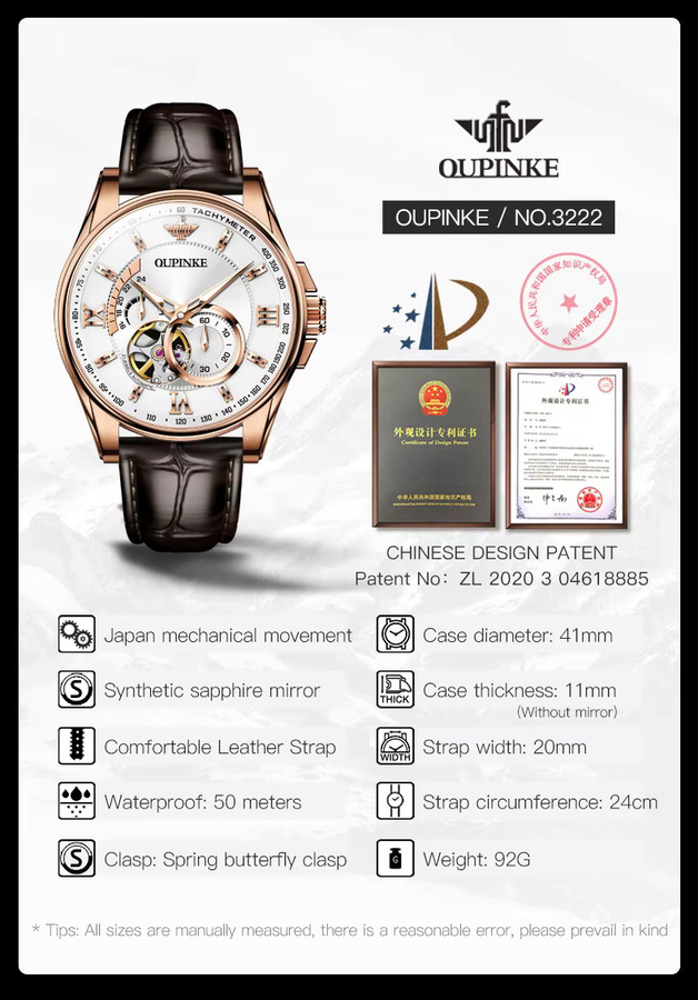OUPINKE Armbanduhr Automatik, Leder, Blau, Roségold, Herren - Bild 6