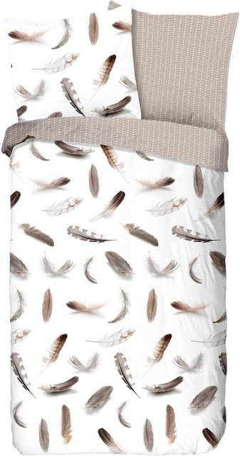 Good Morning Flanell Bettwäsche Feathers Wende Baumwolle Weiß Braun B/H: 135 x 200 cm und 80 x 80 cm - Bild 1