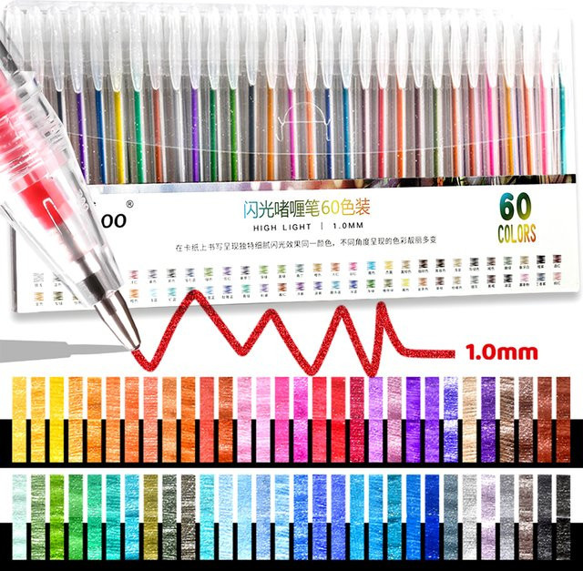 Glitzer-Gelstift-Set mit Metallic-Farben, 60 Stück, Mehrfarbig, 1,0 mm Stiftstärke für DIY Kunst, Tagebuch und Zeichnungen - Bild 1