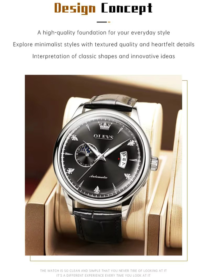 OLEVS Armbanduhr Automatik, Silber, Leder, Herren - Bild 7