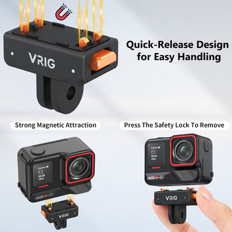 VRIG Magnetische Schnellwechselhalterung für Insta360 ACE, ACE PRO und ACE PRO 2, inklusive 2-poliger Halterung und 1/4-Zoll-Schraubenplatte, Farbe: Schwarz, kompatibel mit X5-2 - Bild 4