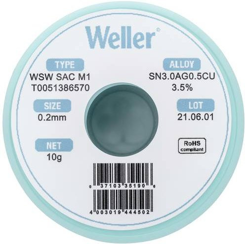 Weller Lötzinn Sn3,0Ag0,5Cu bleifrei Spule 0,20 mm 10 g - Bild 1
