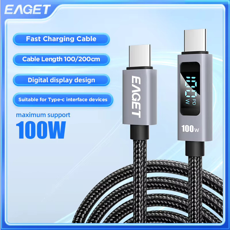 EAGET USB-C-auf-USB-C-Kabel mit digitaler Anzeige, 100W Leistung, E-Mark-Chip und 480 Mbit/s Datensynchronisation, Schwarz - Bild 4