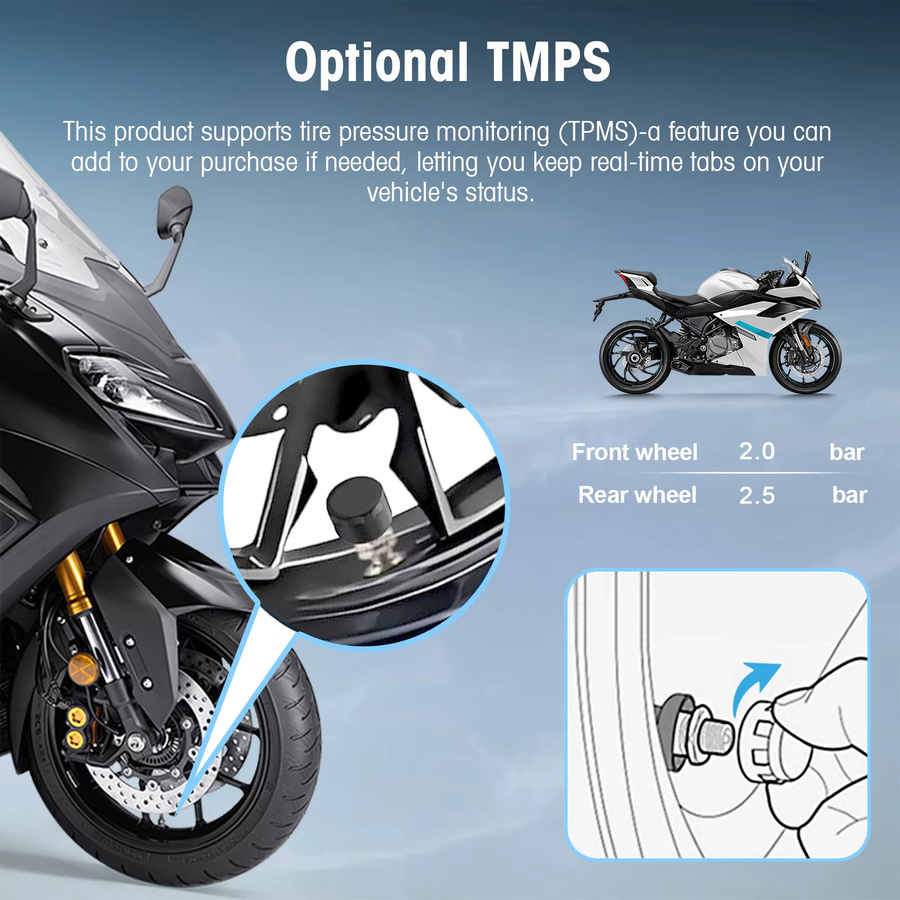 Ezonetronics 5-Zoll Motorrad-Touchscreen in Schwarz mit kabellosem CarPlay und Android Auto, IP67 wasserdicht mit Dual-Kameraaufnahme und TPMS - Bild 2