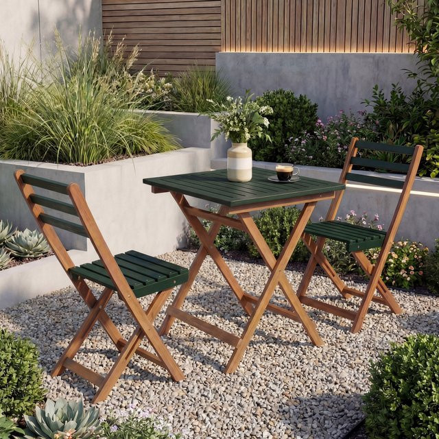MCW Lounge-Set Garten-Sitzgruppe P71 aus Akazienholz mit Tisch und 2 Stühlen, klappbar, Natur-Grün - Bild 1