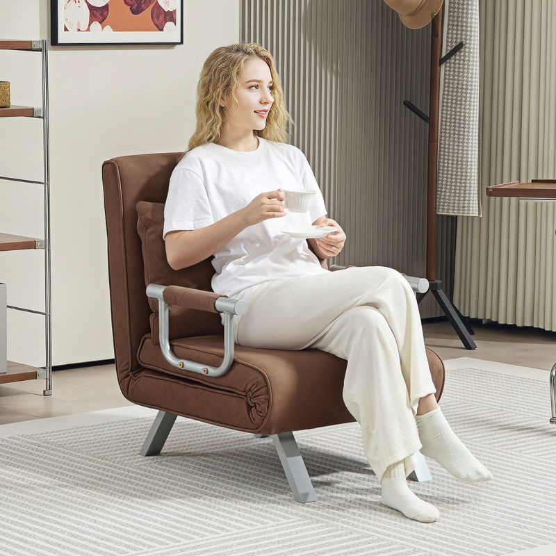 HOMCOM 2-in-1 Schlafsofa Schlafsessel für 1 Person, klappbarer Sessel aus synthetischem Wildleder mit 5-fach verstellbarer Rückenlehne und gepolstertem Kissen, Braun, B: 65 cm, T: 69 cm, H: 80 cm - Bild 2