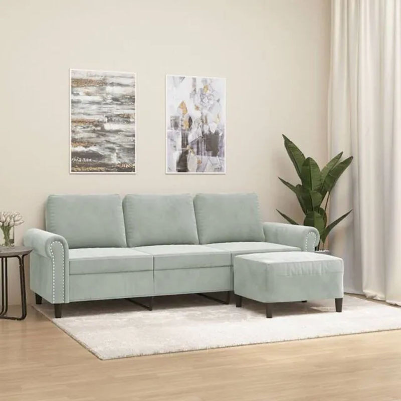 Modernes 3-Sitzer-Sofa mit Hocker von vidaxl in Grau aus Samt und Metall, Breite: 180 cm - Bild 1