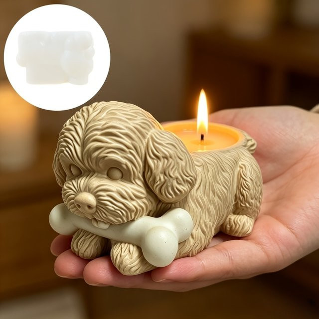 Silikonform für Hundeknochen-Kerzenbecher und Sukkulenten-Pflanztopf mit Motiv eines liegenden Hundes in Beige - Bild 1