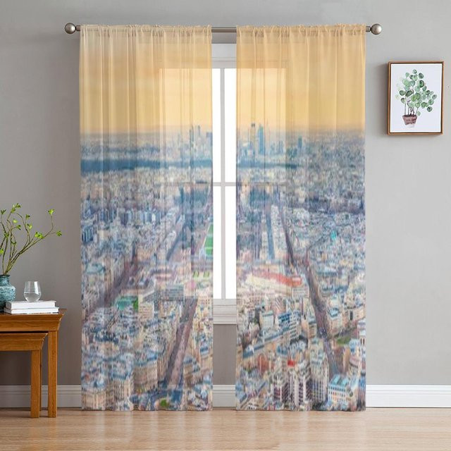 Binchi Outdoor Equipment Transparenter Chiffon-Vorhang mit Eiffelturm-Motiv in Beige, Breite: 135 cm, Höhe: 114 cm - Bild 1