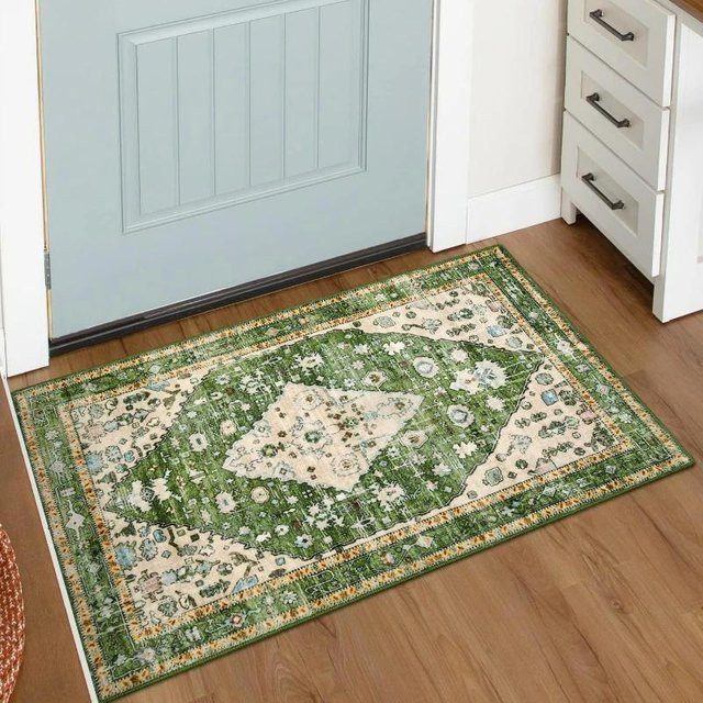 Boho Fußmatte in Grün mit floralem Design, schmutzabweisend und waschbar, B/T: 90 x 60 cm - Bild 1