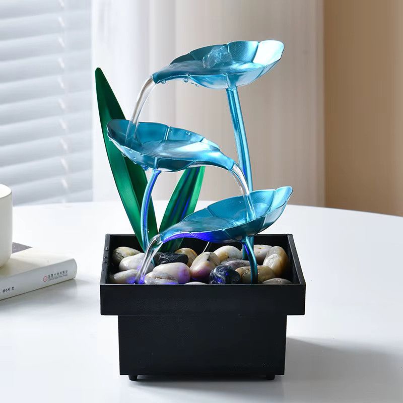 MINIDEAL Tischbrunnen für den Schreibtisch mit 3-stöckigem Wasserfall, blaues Lotusblatt und LED-Licht, USB-Betrieb - Bild 2