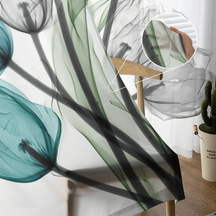Yiran Furniture Transparente Voile-Gardine mit Tulpenblumen-Design in Türkis, Breite: 135 cm, Höhe: 115 cm - Bild 2