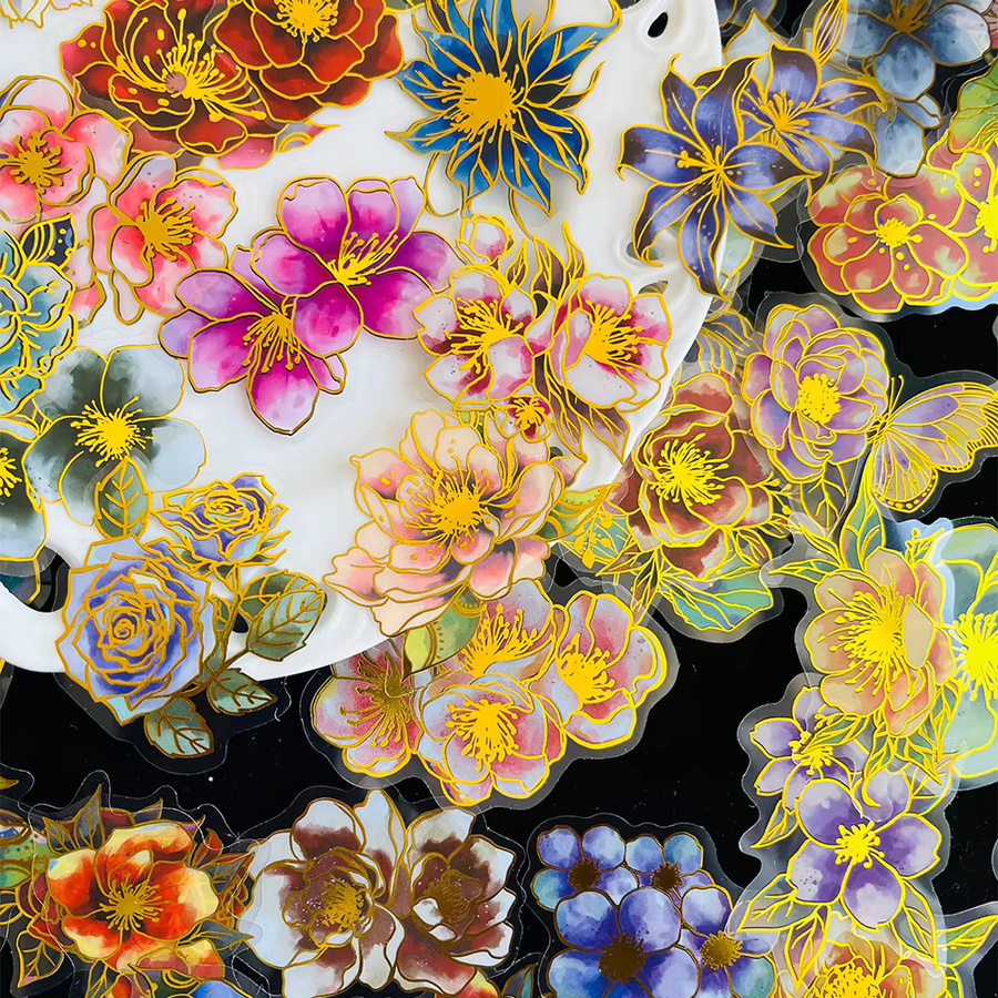 50 Stück florale Aufkleber mit Goldfolie in Multicolour für DIY-Projekte wie Notizbücher und Wasserflaschen - Bild 4