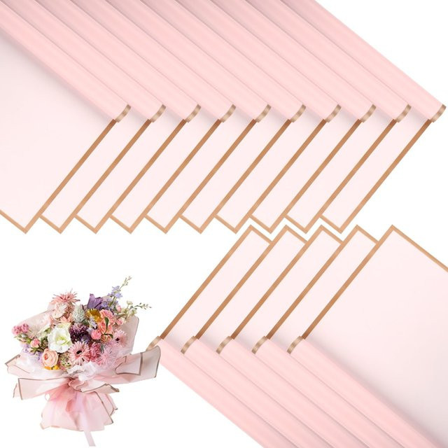 20 Blatt wasserfestes Geschenkpapier mit rosa Blumen und goldenen Kanten für Hochzeitssträuße und Bastelarbeiten - Bild 1