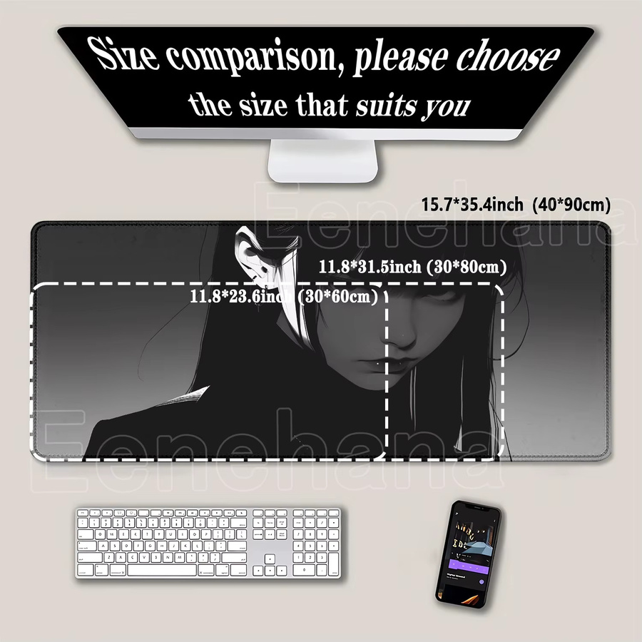 Eenehana Japanisches Gothic-Mädchen Mauspad, B/T: 900 x 400 mm, rutschfeste Schreibtischunterlage mit HD-Druck für Gamer und E-Sport - Bild 2