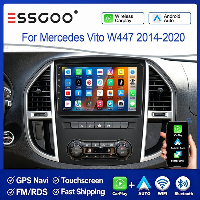 ESSGOO Android 15 Autoradio mit 10 Zoll Display für Mercedes Vito W447 2014-2020, Kabelloses CarPlay, Bluetooth, GPS, WiFi und Navi in Schwarz - Bild 1