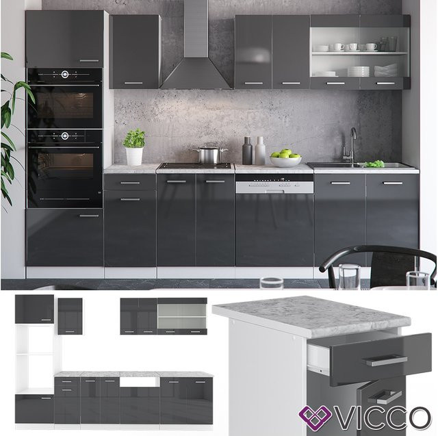 Vicco R-Line Küchenzeile in Anthrazit Hochglanz und Weiß mit Marmor-Optik, Breite: 300 cm, Höhe: 207 cm, Tiefe: 60 cm - Bild 1