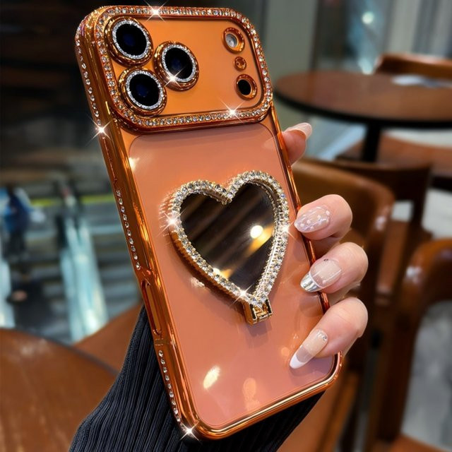 Luxuriöse iPhone Handyhülle mit Strass-Herz-Spiegel und integriertem Ständer in Pink für iPhone 11 bis iPhone 17 Pro Max mit Fallschutz-Rückabdeckung - Bild 1