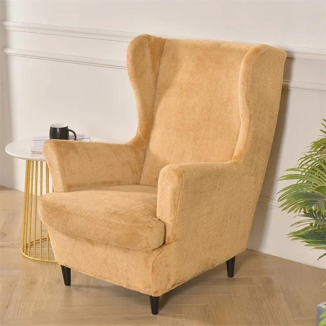 Waschbarer Stretch Ohrensesselbezug aus Plüsch mit Sitzkissenbezug in Beige Multicolour - Bild 1