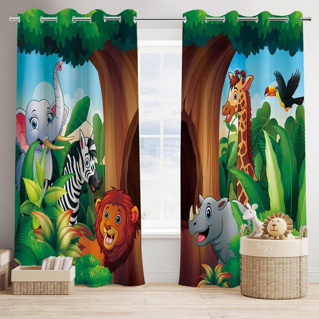 Dschungeltierwelt Vorhänge mit niedlichem Tiger-Cartoon-Druck, 2er-Set halbtransparent, Mehrfarbig, B: 70 cm, H: 245 cm - Bild 1