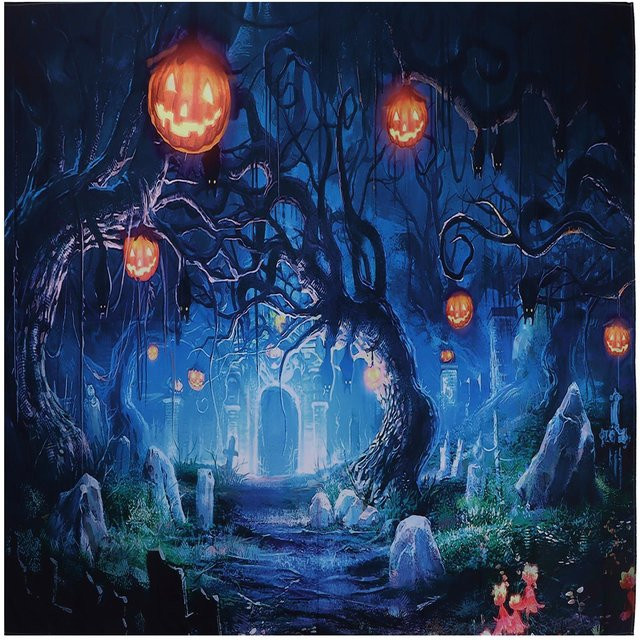 Halloween Fotohintergrund Gruseliger Friedhof mit Kürbislaternen in Blau von TOMTOP JMS, B x H: 200 x 150 cm - Bild 1
