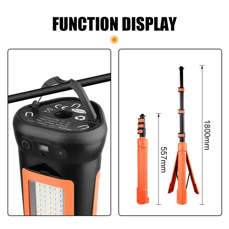 JIASHUAIXIN Multifunktionale Campinglampe mit Halterung, tragbare und faltbare Arbeitsleuchte in Schwarz und Orange, wiederaufladbar - Bild 6