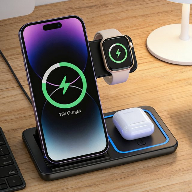 VIKEFON Faltbare 3-in-1 Kabellose Schnelllade-Station für iPhone, iWatch und AirPods Pro/3, iOS-kompatibel, Weiß oder Schwarz - Bild 1