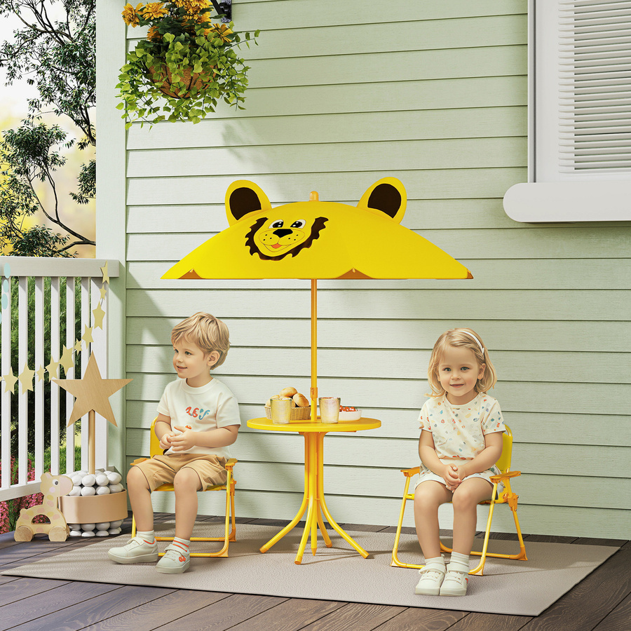 AIYAPLAY Garten-Kindersitzgruppe mit Sonnenschirm und Tisch in Gelb mit Löwen-Design für Kinder von 2 bis 5 Jahren - Bild 2