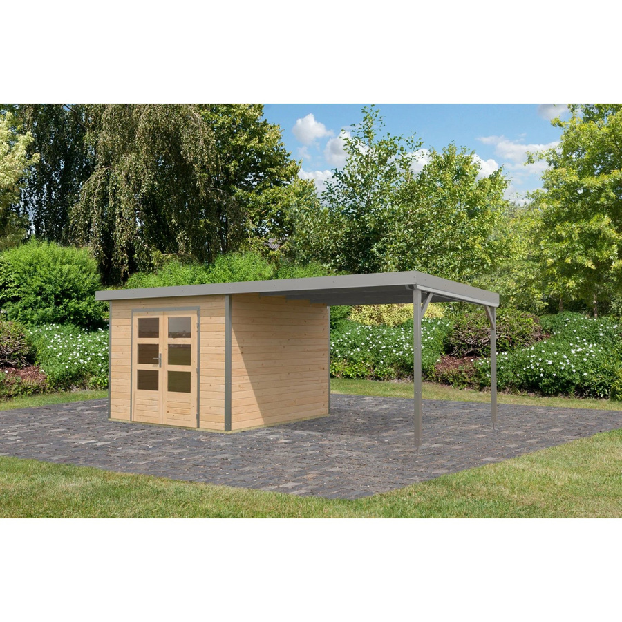 Karibu Gartenhaus Domingo A mit Anbaudach in Naturbelassen/Grau, B/T/H: 218,5 x 270 x 270 cm - Bild 2