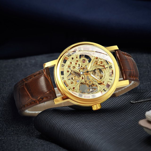 WINNER Armbanduhr Skelett-Mechanikuhr, Handaufzug, Leder, Gold, Herren - Bild 1