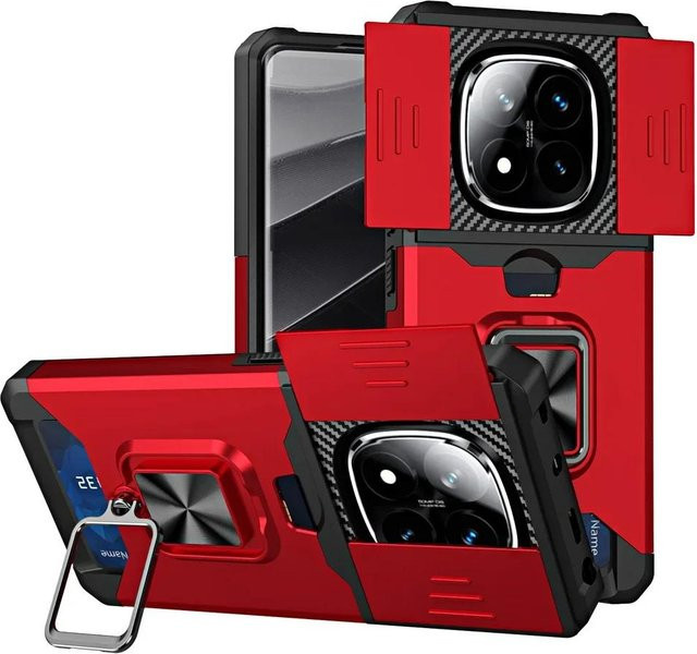 Stoßfeste magnetische Schutzhülle für Xiaomi Redmi Note 14 Pro Plus, 14C und Note 14 Pro 5G/4G mit Kameraschutz und Kartenfach in Rot - Bild 1