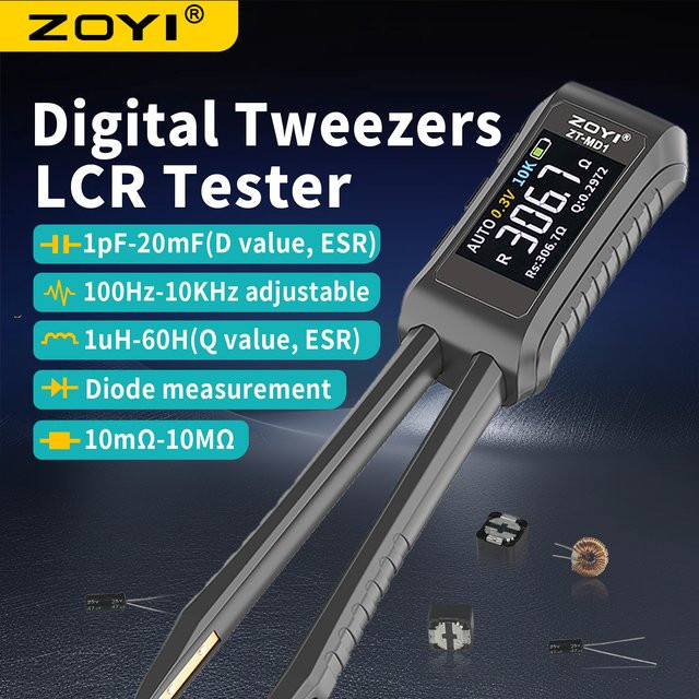 ZOYI MD1 Digitale Smart-Pinzette LCR SMD ESR Tester für Widerstand, Kapazität, Induktivität, Durchgang und Dioden in Schwarz - Bild 1