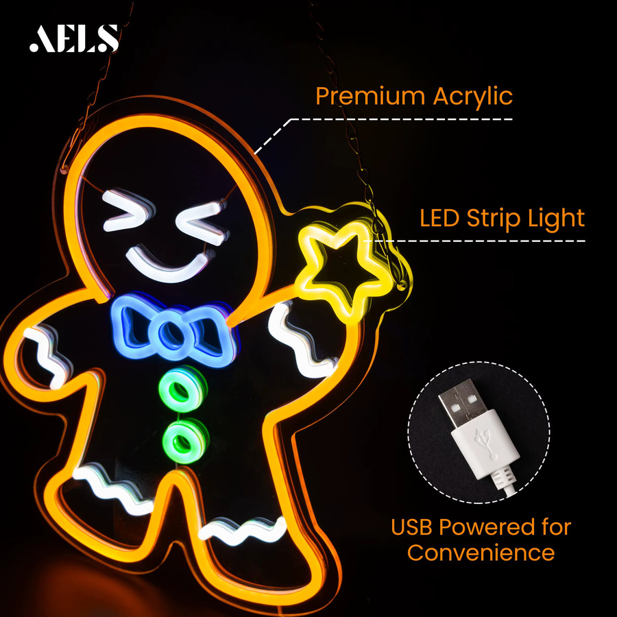Gingerbread Man Weihnachts-LED-Neonschild in Multicolour mit dimmbarer USB-Beleuchtung für Fenster, Wand und Dekoration - Bild 3