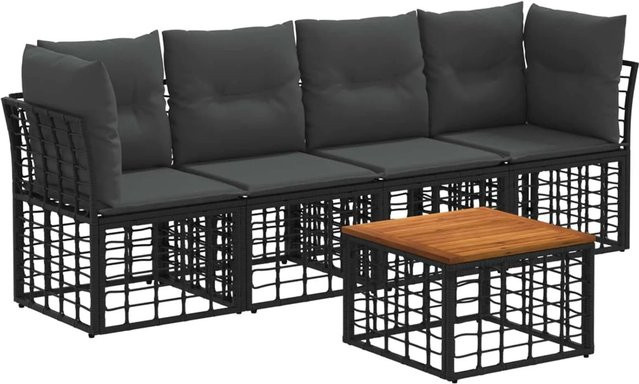 vidaXL Outdoor-Sofagarnitur aus Polyrattan in L-Form mit 5 Teilen, Schwarz und Grau, inklusive Kissen und Couchtisch - Bild 1