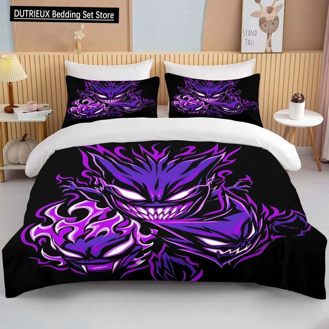Pokemon Gengar Bettwäsche-Set aus Mikrofaser in Lila mit Cartoon Anime Aufdruck, bestehend aus Bettbezug und Kissenbezügen, Breite: 155 cm, Länge: 215 cm - Bild 1
