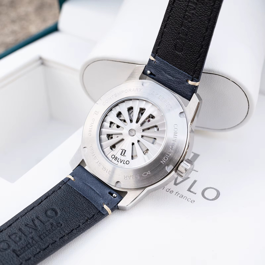 OBLVLO Armbanduhr Automatik, Blau, Lederarmband, Herren - Bild 3