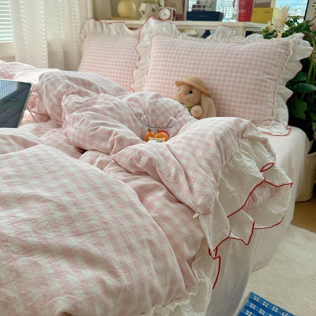 Rosa Kariertes Bettwäsche-Set im Koreanischen Stil mit Bettbezug und Kissenbezügen, Shabby Chic, Breite: 150 cm, Höhe: 200 cm - Bild 1