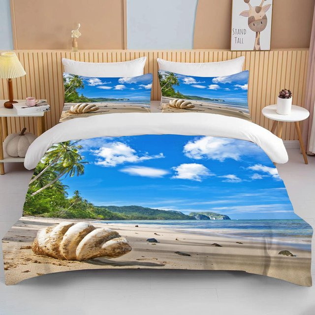 Ozean Bettwäsche Kollektion Küste Strand mit Seestern und Muschel Motiv in Blau, Bettbezug und Kissenbezug aus Mikrofaser, B/H: 135 x 200 cm - Bild 1