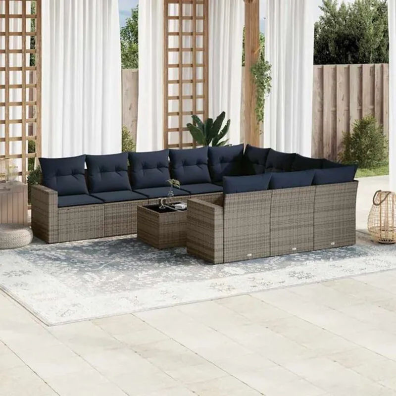 11-teilige moderne Garten-Sofagarnitur mit Kissen aus grauem Poly-Rattan von vidaxl - Bild 1