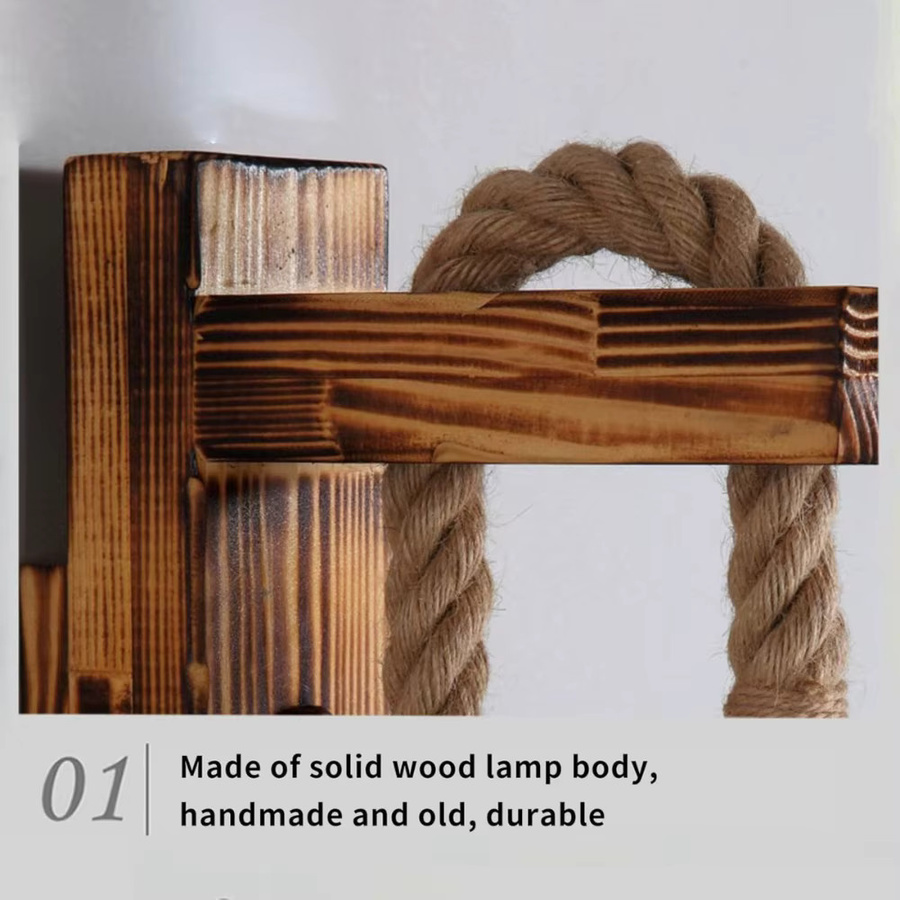 JOYINLED Retro Wandleuchte aus Holz und Hanfseil mit E27-Fassung, dekorative Wandlampe in Braun für Bar, Loft und Flur - Bild 4