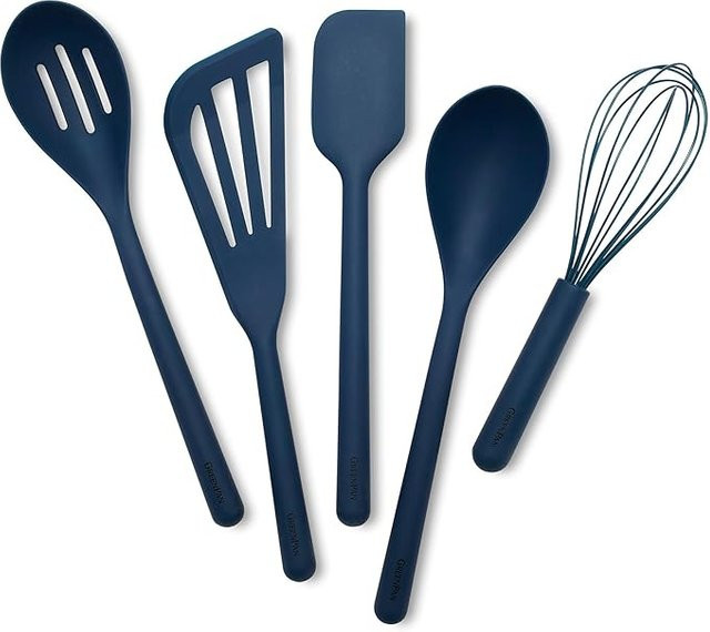 GreenPan 5-teiliges Kochutensilien-Set aus Silikon in Blau mit Schlitzlöffel, Volllöffel, Pfannenwender, Spatel und Schneebesen - Bild 1