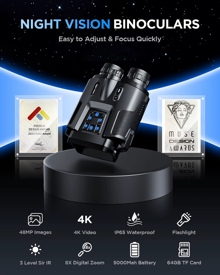 Letcmoi 4K Nachtsichtfernglas mit 8-fachem Digitalzoom, 3-Zoll-Bildschirm, 64GB Speicherkarte und taktischem Licht in Schwarz - Bild 3