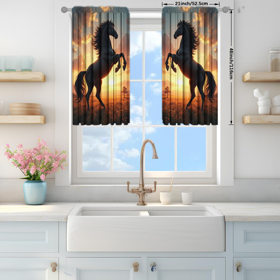 2er-Set halbtransparente Vorhänge mit Ross-Motiv bei Sonnenuntergang von Household supplies MH, Farbe: Braun/Mehrfarbig, Breite: 52,5 cm, Höhe: 116 cm - Bild 2