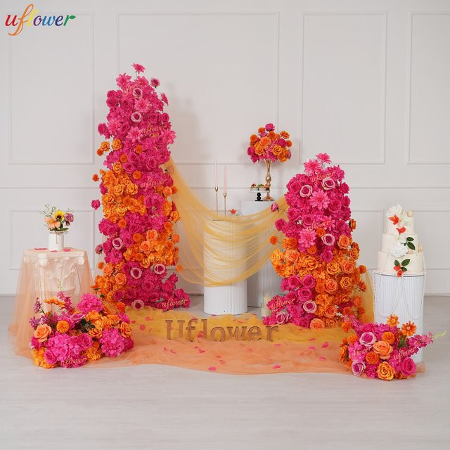 Uflower Künstliche Rosen in Knallrosa und Orange für Hochzeitsdekoration und Tischarrangements - Bild 1