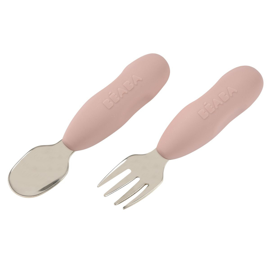 Beaba 2-teiliges Esslern-Besteck für Kinder aus Edelstahl mit rutschfestem Griff in Pink Marshmallow - Bild 1