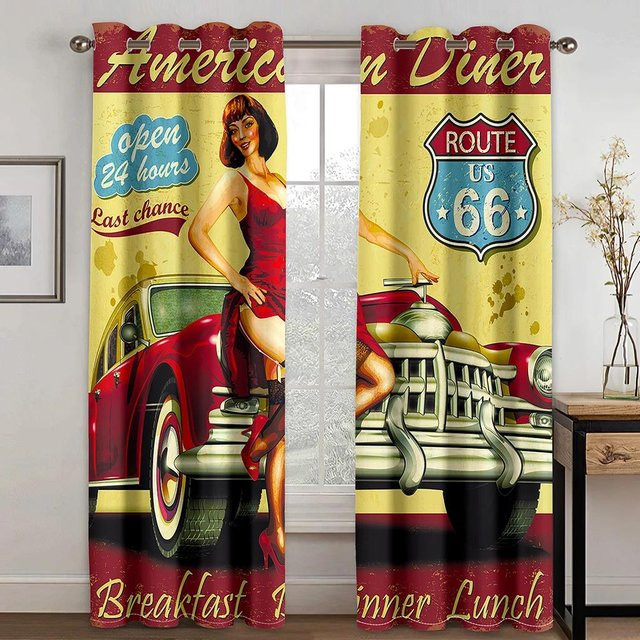 Yiran Furniture Blackout Vorhang mit Vintage Auto und Motorrad Motiv für Kinder, Mehrfarbig, Breite: 55 cm, Höhe: 120 cm - Bild 1