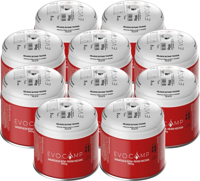 Evocamp Gaskartuschen Set 10 Stück Butan Propan 190g Stechkartusche Typ 200 EN417 mit Sicherheitsventil für Gaskocher - Bild 1