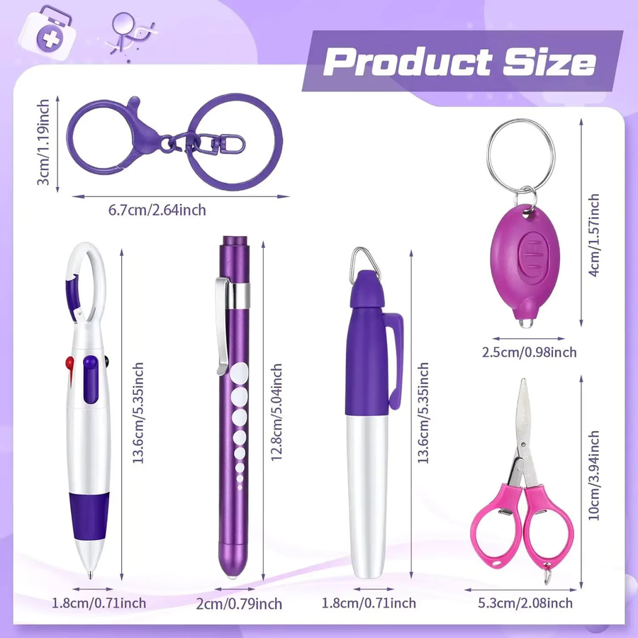 6in1 Multifunktions Kugelschreiber Set mit Taschenlampe, Schere und Schlüsselbund in Pink und Purple - Bild 2