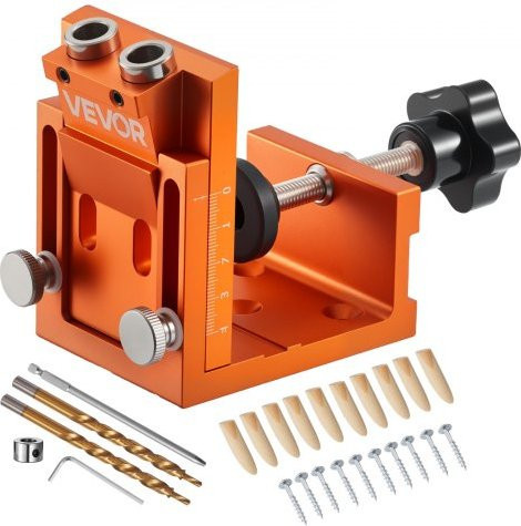 VEVOR Pocket Hole Jig Set Taschenloch-Vorrichtungssatz aus Aluminiumlegierung in Orange mit Stufenbohrer, Sechskantschlüssel, Bohrstoppring, Vierkant-Antriebsbit, Dübeln und Schrauben für 12 bis 48 mm - Bild 1